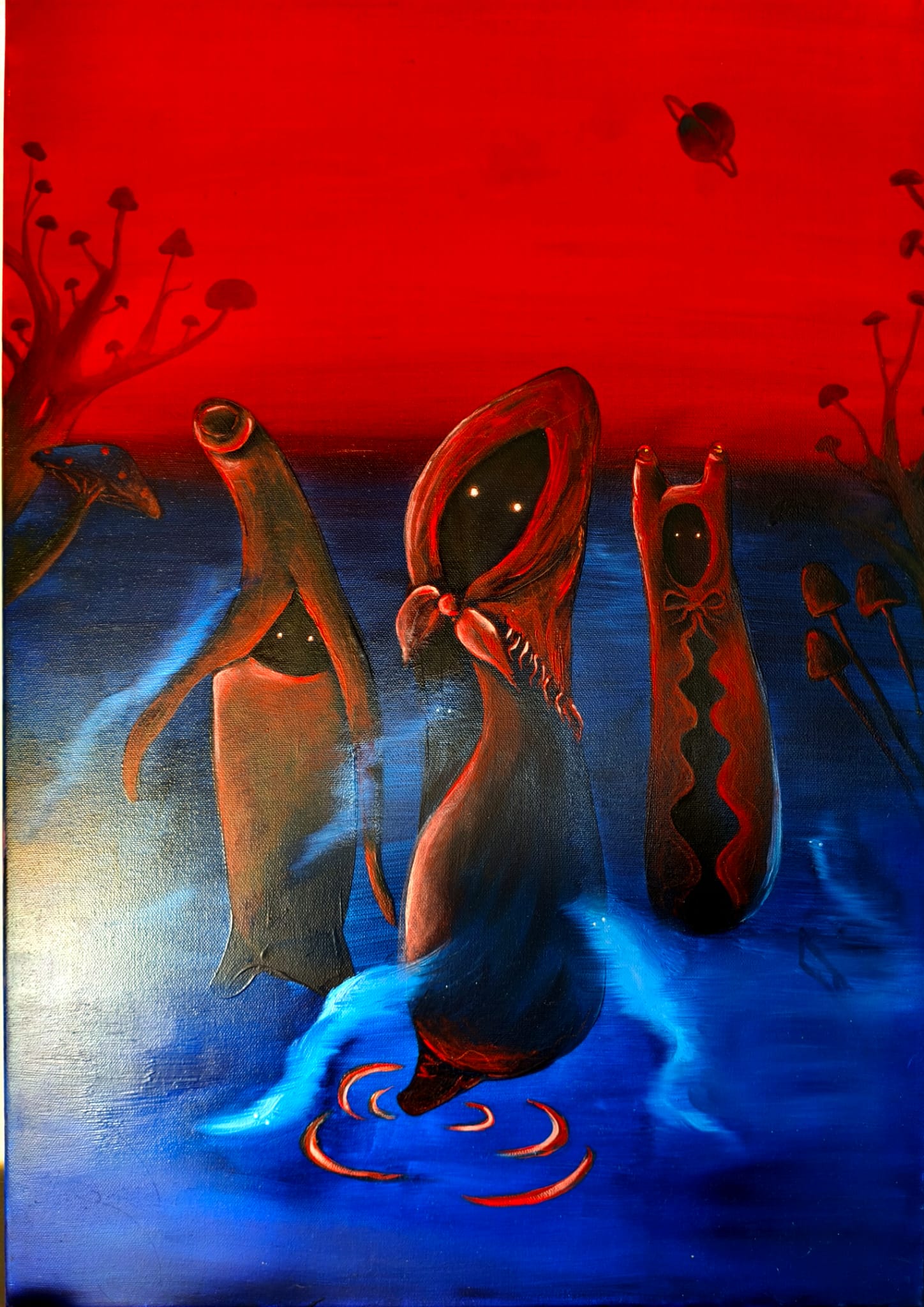 obraz surrealistyczny czerwone niebo postacie fantastyczne w wodzie malarstwo