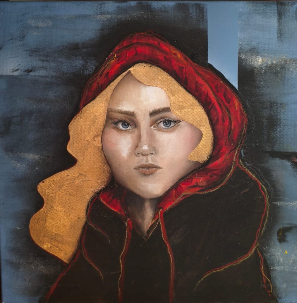 Portret malowany ręcznie kobieta w czerwonym kapturze realistyczny obraz olejny