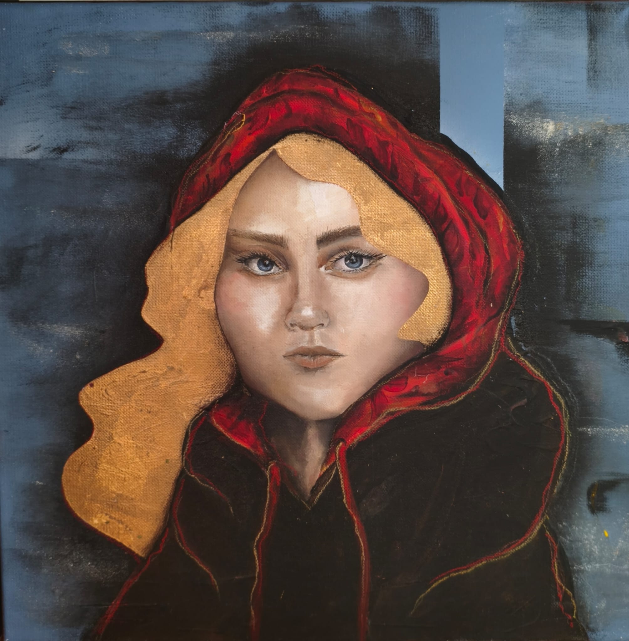 Portret malowany ręcznie kobieta w czerwonym kapturze realistyczny obraz olejny